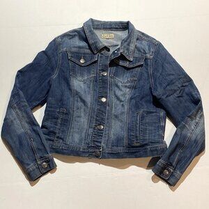 Earl Jeans Denim Jacket Fitted Dark Wash Jean Jacket Button Up L Large EUC